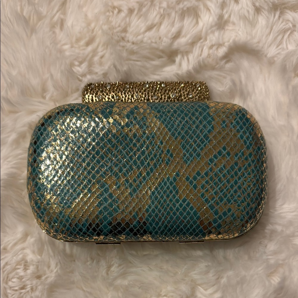 Gold and Green Snakeskin Clutch with Textured Design